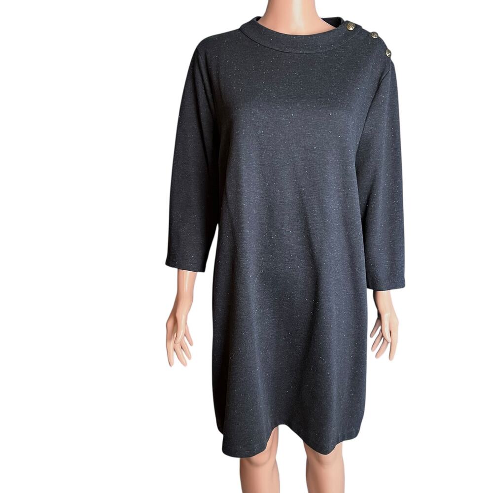 Talbots Knit Shift Dress XL Speckled Brass Look Buttons Mock Neck Preppy Office
